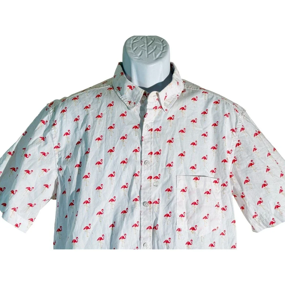 PUBLIC‎ ART Men's Short Sleeve Button Down Flamingo Shirt White Large